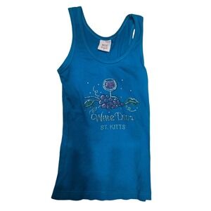 Vintage St. Kitts Rhinestone Wine Diva Ribbed Tank Top Blue Cotton Small SGS